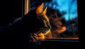 Beautiful image with the silhouette of a cat in the window, against the light, at sunset. AI generated