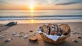 Rustic Bread Basket on Beach at Sunrise with Turtle and Seashells Royalty Free Stock Photo