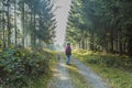 Image of a woman with her dog walking on a path in the middle of the forest Royalty Free Stock Photo