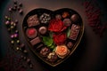 Beautiful Image of a Wooden Table Set with Chocolates and Flowers for a Valentine`s Day Celebration. Ai generated art