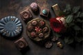 Beautiful Image of a Wooden Table Set with Chocolates and Flowers for a Valentines Day Celebration. Ai generated art Royalty Free Stock Photo