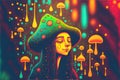 A beautiful imaginary girl, a mushroom fairy in a dream world. Psychedelic art. Generative ai illustration