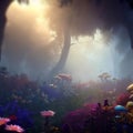 Beautiful Imaginary woodland filled with flowers, mushrooms, and fog. Generative AI