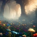 Beautiful Imaginary woodland filled with flowers, mushrooms, and fog. Generative AI