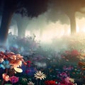 Beautiful Imaginary woodland filled with flowers, mushrooms, and fog. Generative AI