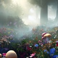 Beautiful Imaginary woodland filled with flowers, mushrooms, and fog. Generative AI