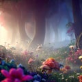 Beautiful Imaginary woodland filled with flowers, mushrooms, and fog. Generative AI