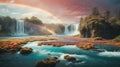 Waterfalls in Fantasy Landscape. Fantasy-Style Waterfalls. Enchanted Landscape with Waterfalls.