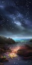 Beautiful and imaginative digital art piece depicting a fantasy night seascape with glowing marine life and a starry sky.