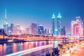 Beautiful incredible cityscape with skyscrapers in the old town next to the Tolerance bridge near the water canal in Dubai, United Royalty Free Stock Photo