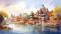 Lagoon Of India Watercolor Illustration With Vray Tracing And Buddhist Art