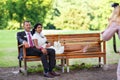 Beautiful indian bride and caucasian groom after wedding ceremon