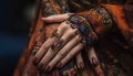 A beautiful Indian bride with a vibrant henna tattoo and jewelry generated by AI Royalty Free Stock Photo