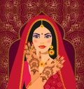 Beautiful Indian brunette young woman in sari. Hands with mehndi pattern