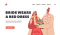 Beautiful Indian Couple Wear Traditional Costumes Wedding Ceremony Landing Page Template. Groom and Bride Newlywed