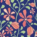 Beautiful indian floral design with coral flowers and green foliage. Seamless vector pattern on midnight blue background. Great Royalty Free Stock Photo