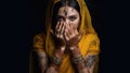 Beautiful indian girl. Young hindu woman model with tattoo mehndi and kundan jewelry. Traditional Indian saree, generative ai