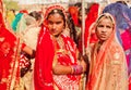 Beautiful indian girls posing serious in colorful crowd