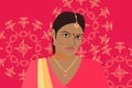 Beautiful Indian woman on bright pink background with rangoli. Abstract female image. India girl in pink sari, gold jewelry, bindi Royalty Free Stock Photo