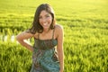 Beautiful indian woman in green rice fields Royalty Free Stock Photo
