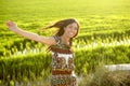 Beautiful indian woman in green rice fields Royalty Free Stock Photo