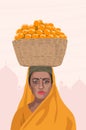 Beautiful Indian woman in a sari with a tangerine basket.Vector illustration in a flat style