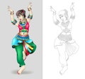 Beautiful indian women dancing coloring isolated