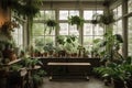 a beautiful indoor garden, with greenery and plants arranged in delicate vases