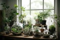 a beautiful indoor garden, with greenery and plants arranged in delicate vases