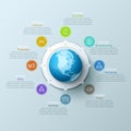 Beautiful infographic design layout with sphere in center, 8 arrows pointing at line symbols and text boxes