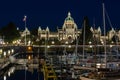 Beautiful inner harbour of Victoria night photo. Parliament legislature building with light illumination Victoria BC