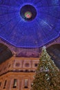 Beautiful inside panoramic view to the Vittorio Emanuele II Gallery Christmas Tree and blue crest made of Swarovski crystals.