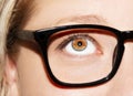 A beautiful insightful look woman`s eye. Woman wearing glasses. Close-up shot Royalty Free Stock Photo