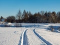 Beautiful and inspiring winter landscape of snowy field and trees covered with snow and single car tracks