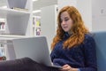 Beautiful Intelligent University Girl Using Laptop in White Mode