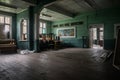 Beautiful interior in an abandoned building. USSR architecture. Dark atmosphere.