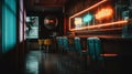 Beautiful interior of cafe wiith neon sign on wall, generative ai