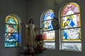 The beautiful interior of the chapel displaying stained glass windows at the summit of Santa Ana Hill in Guayaquil in Ecuador.