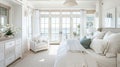 Beautiful interior of luxury bedroom with window sea view. Coastal cottage concept Royalty Free Stock Photo