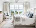 Beautiful interior of luxury bedroom with window sea view. Coastal cottage concept Royalty Free Stock Photo