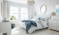 Beautiful interior of luxury bedroom with window sea view. Coastal cottage concept Royalty Free Stock Photo