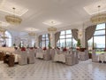 Beautiful interior of the restaurant in a modern hotel with white cloth tables and soft chairs, serving tables with live roses Royalty Free Stock Photo