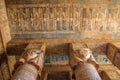 Beautiful interior of the temple of Dendera or the Temple of Hathor. Colorful zodiac on the ceiling of the ancient
