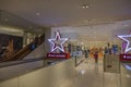 Beautiful interior view of hypermarket interior and Macy`s star award sign. New York.