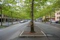 Beautiful Interlaken street with fresh green trees and colorful buildings for background