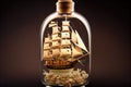 beautiful and intricate model of sailing ship, with detailed sails and rigging, inside clear glass bottle Royalty Free Stock Photo