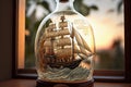 beautiful and intricate model of sailing ship, with detailed sails and rigging, inside clear glass bottle Royalty Free Stock Photo