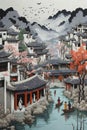 A beautiful and intricate paper quilling painting of Hongchun and Xidi, a traditional Chinese village.