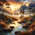 Beautiful intricate wetland in digital painting art, with river, plants, trees, grass, flowers, rocks, stones, golden hour Royalty Free Stock Photo