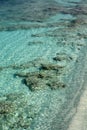 Beautiful Ionian Sea and clear turquoise water at Ksamil Islands with wooden pier after summer season in October Royalty Free Stock Photo